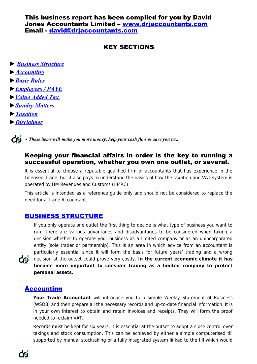 This Business Report Has Been Complied for You by David Jones Accountants Limited Email