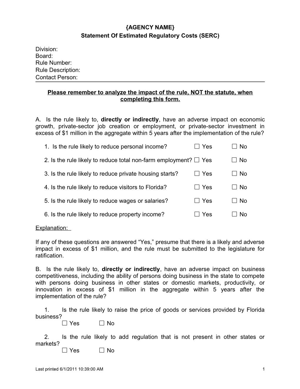 Statement of Estimated Regulatory Costs (SERC)