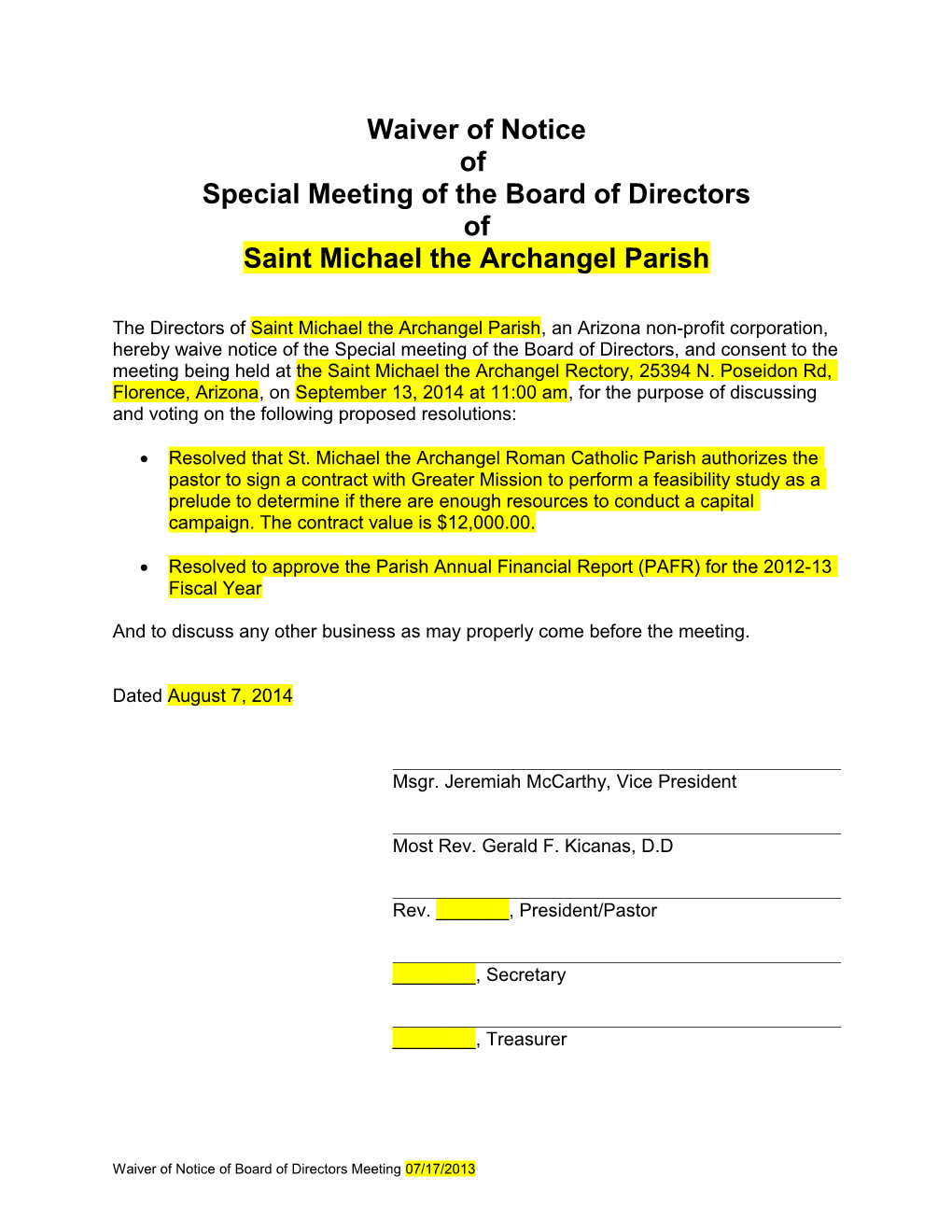 Special Meeting Notification Letter