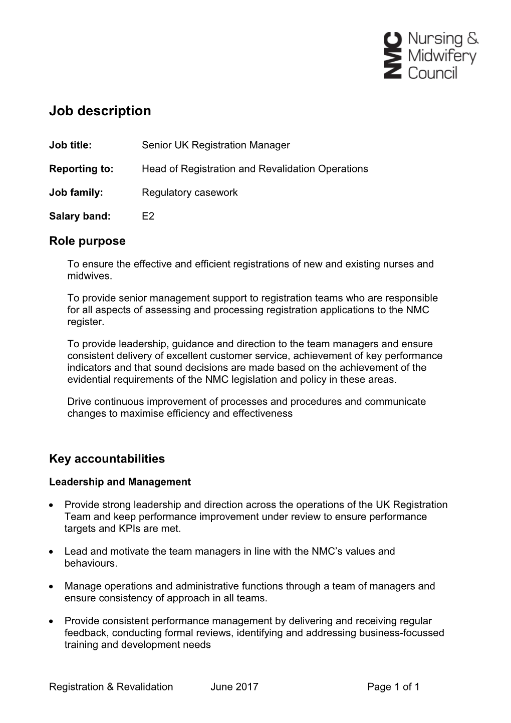 Job Title: Senior UK Registration Manager