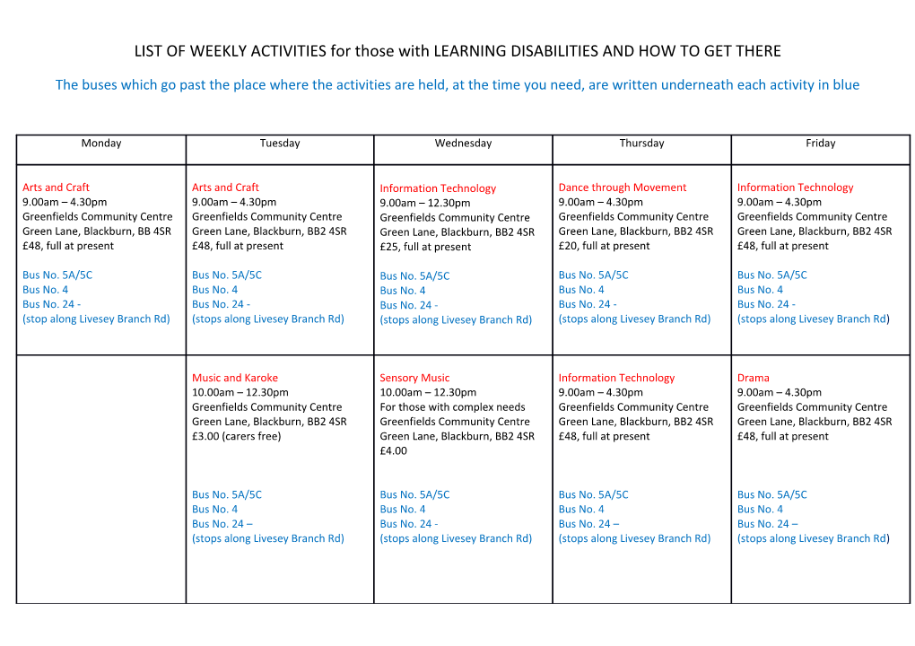 LIST of WEEKLY ACTIVITIES for Those with LEARNING DISABILITIES and HOW to GET THERE
