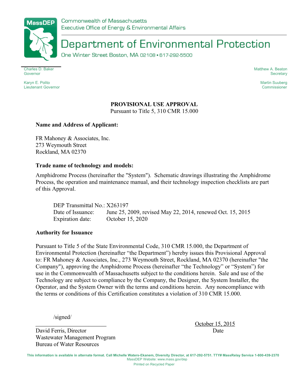 Provisional Approval Renewed October 15, 2015Page 1 of 17