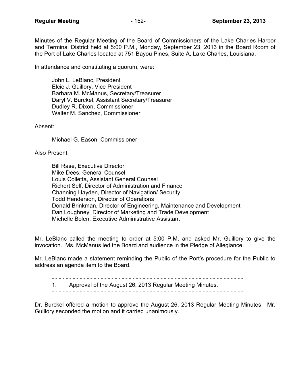 Minutes of the Regular Meeting of the Board of Commissioners of the Lake Charles Harbor s1
