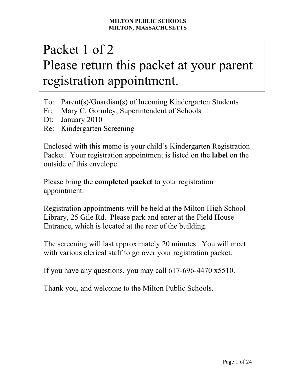 New Student Registration Packet