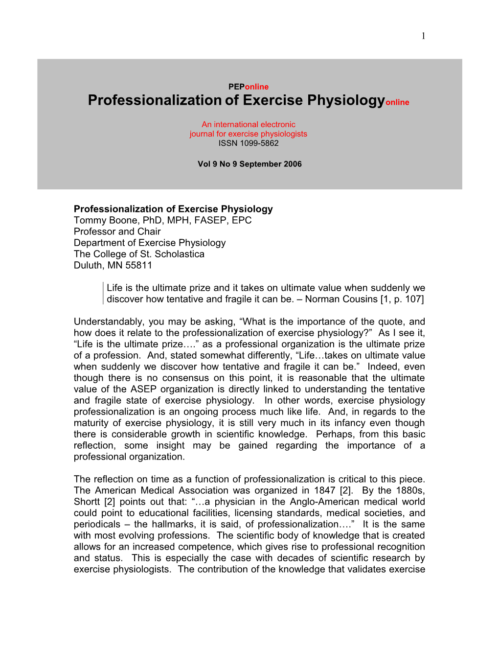 Professionalization of Exercise Physiology