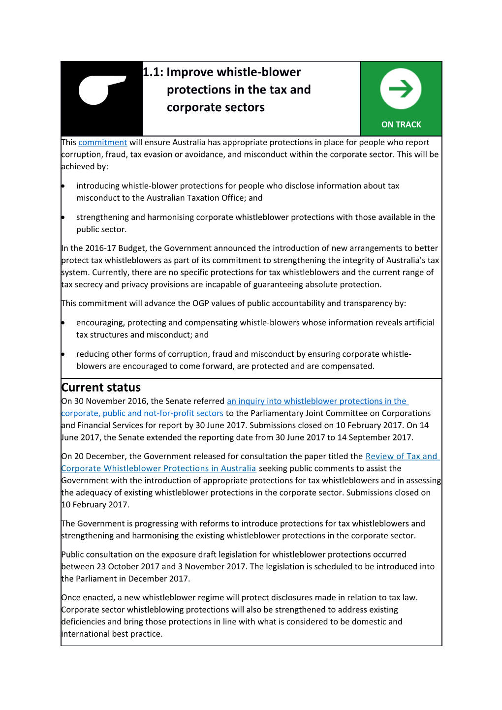 1.1: Improve Whistle-Blower Protections in the Tax and Corporate Sectors