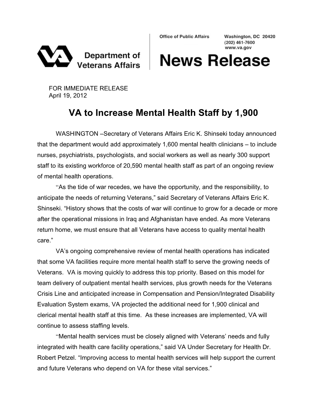 VA to Increase Mental Health Staff by 1,900