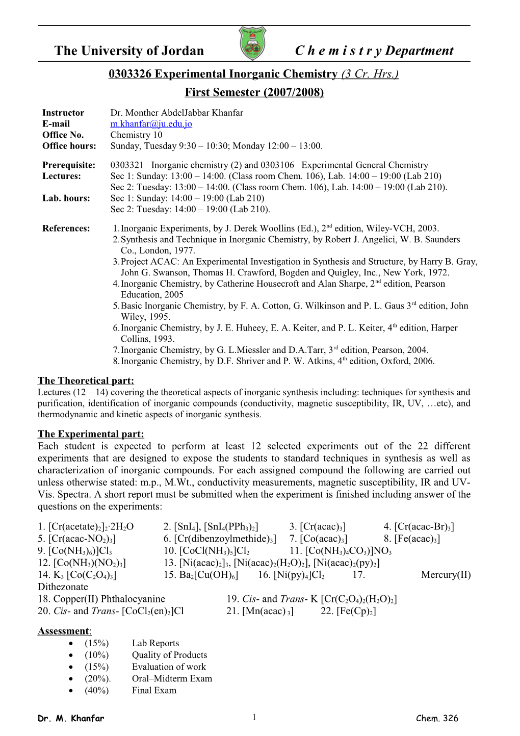 0303326 Inorganic Experimental Chemistry