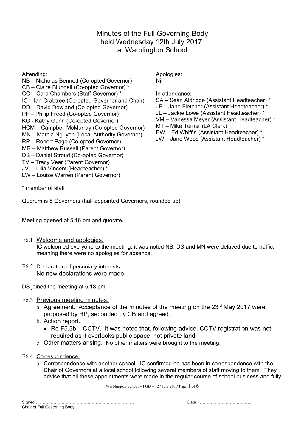 Minutes of the Full Governing Body