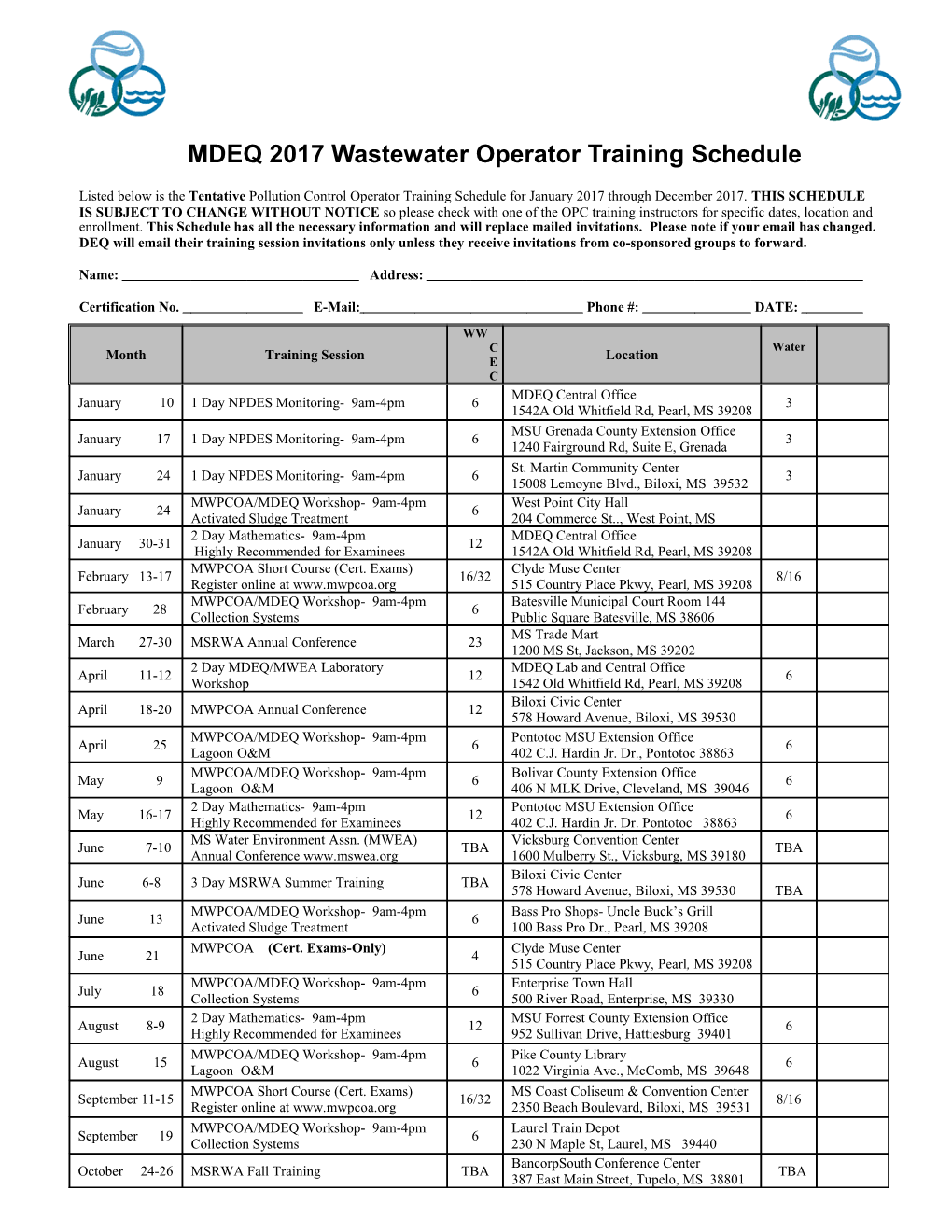 MDEQ 2002 Wastewater Operator Training Schedule
