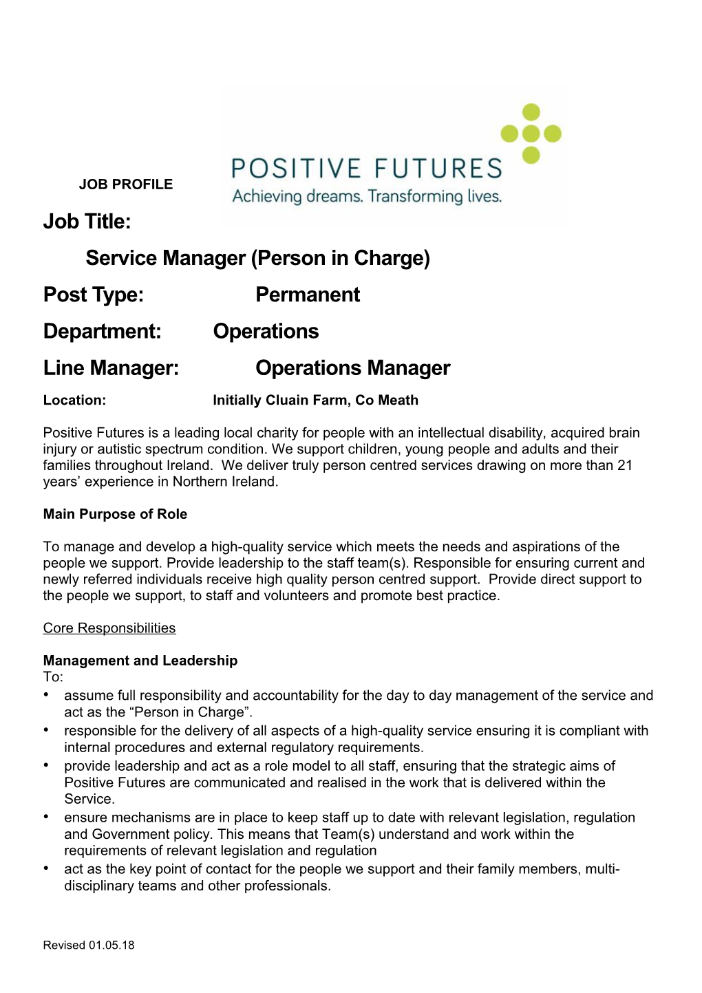 Job Title:Service Manager (Person in Charge)