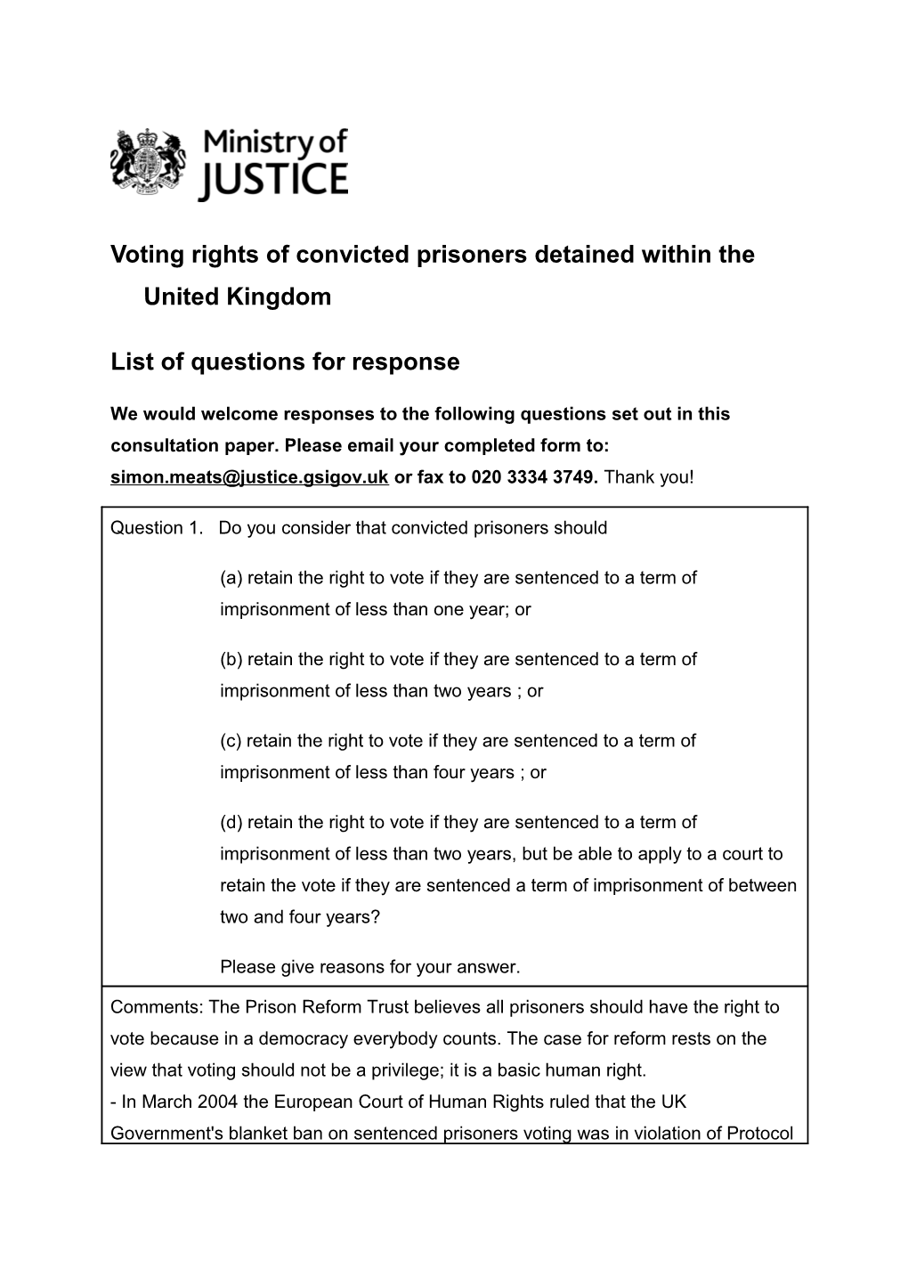 Voting Rights of Convicted Prisoners Detained Within the United Kingdom