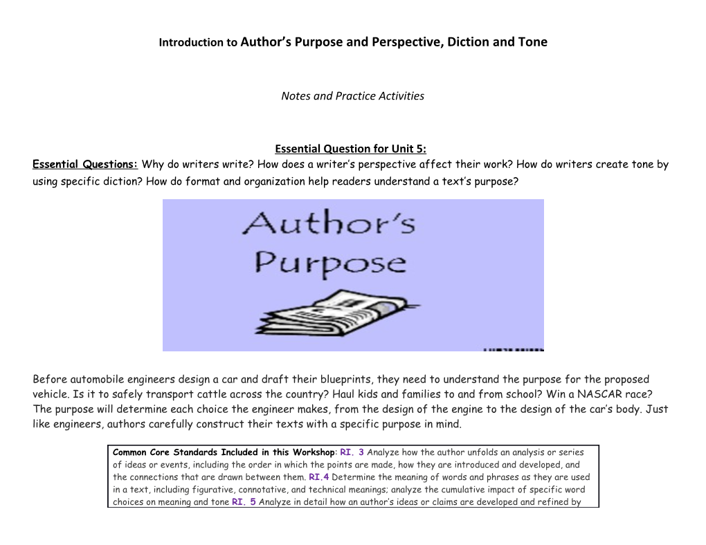 Introduction to Author S Purpose and Perspective, Diction and Tone
