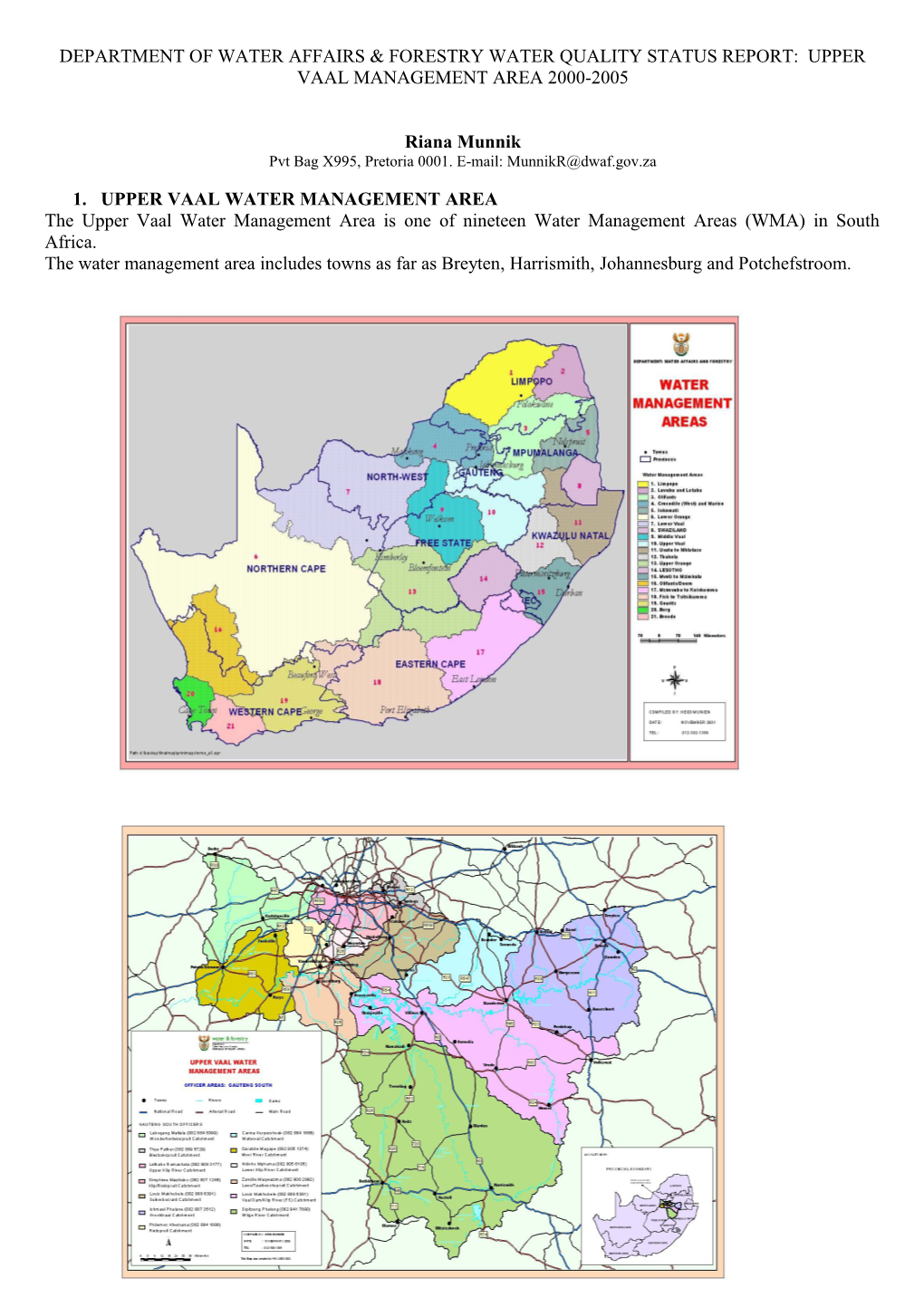 Department of Water Affairs & Forestry Water Quality Status Report: Upper Vaal Management