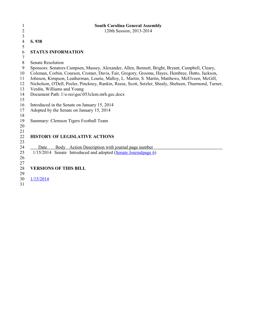 2013-2014 Bill 938: Clemson Tigers Football Team - South Carolina Legislature Online