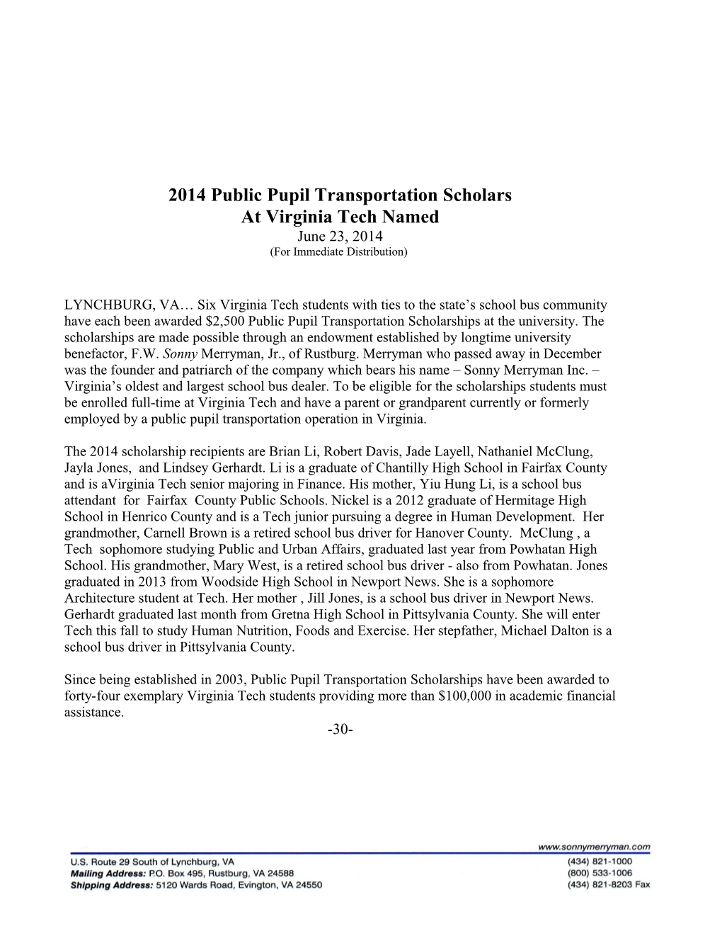 2014 Public Pupil Transportation Scholars