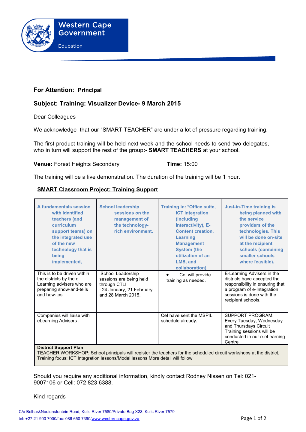 Subject: Training: Visualizer Device- 9 March 2015