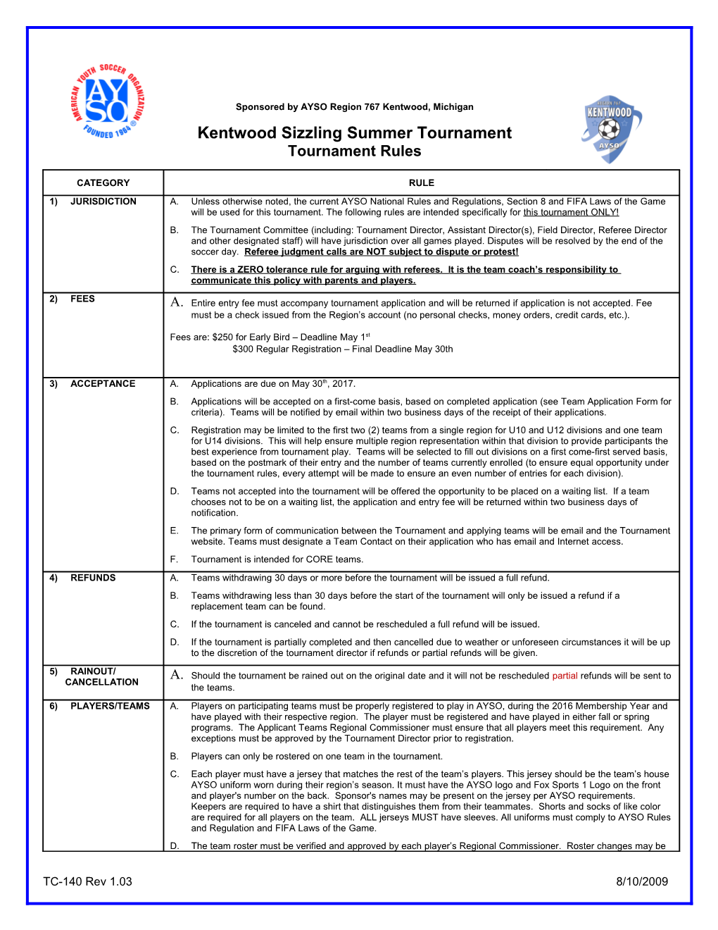 Kentwood AYSO Sizzling Summer Tournament Rules
