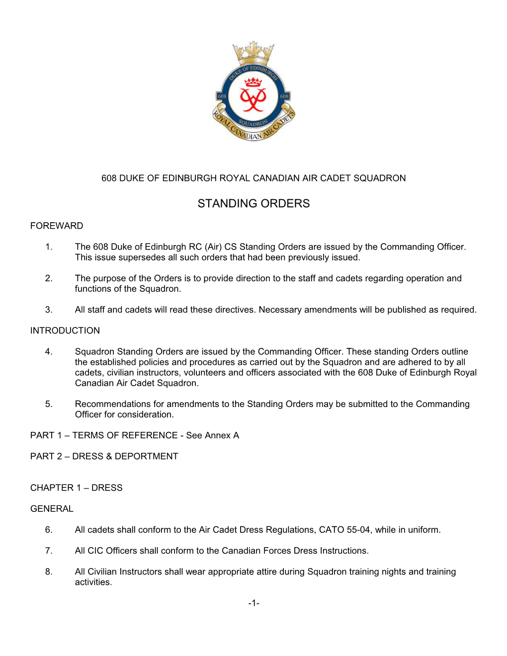 608 Duke of Edinburgh Squadron Standing Orders