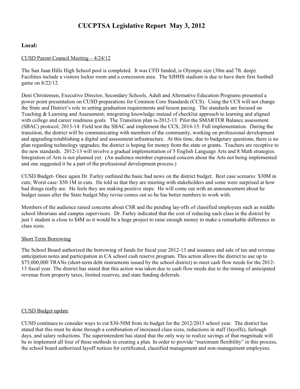 CUCPTSA Legislative Report May 3, 2012