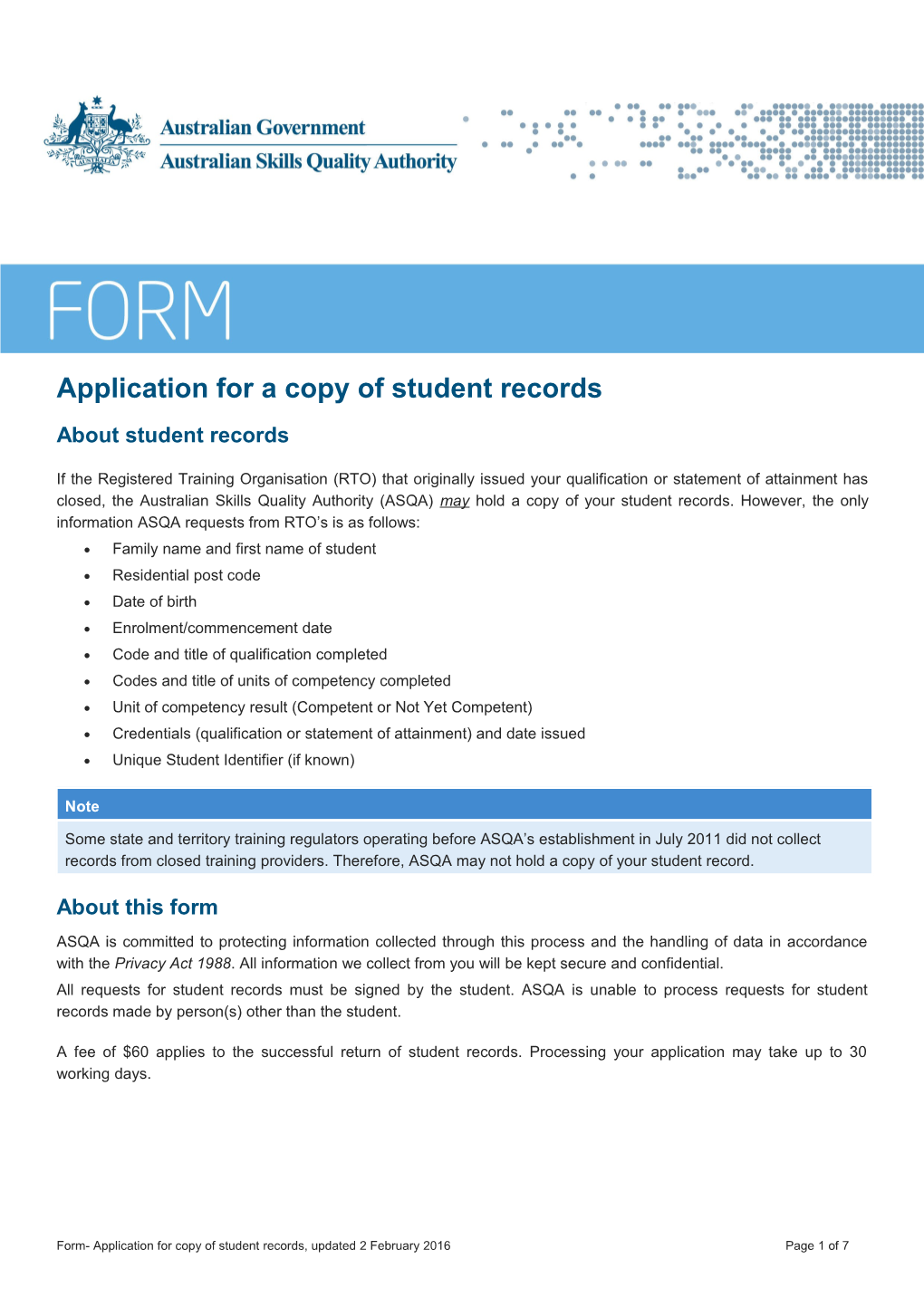 Application for Copy of Student Records