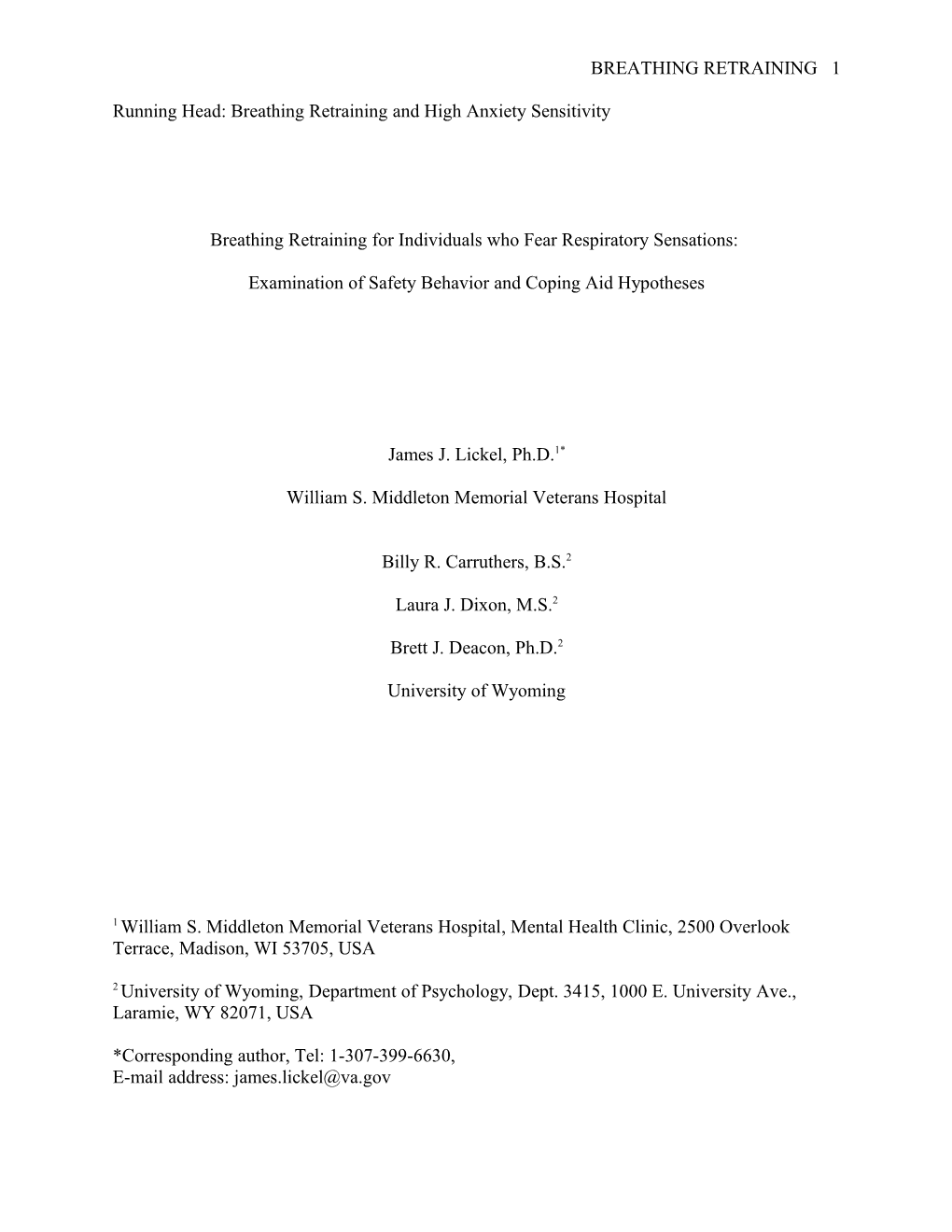 The Effects Of Breathing Retraining On The Phenomenology Of Panic: