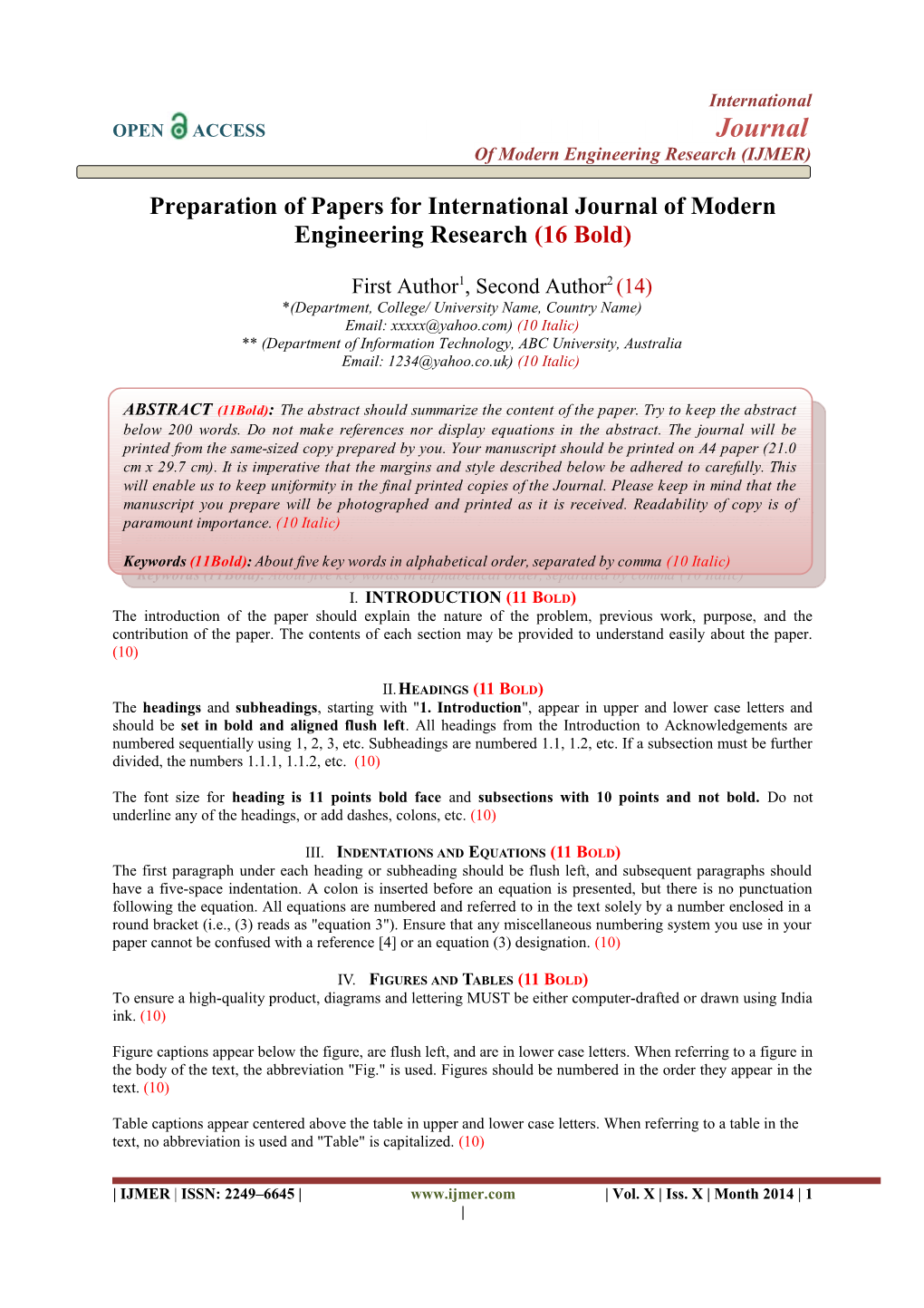 Preparation of Papers for International Journal of Modern Engineering Research (16 Bold)