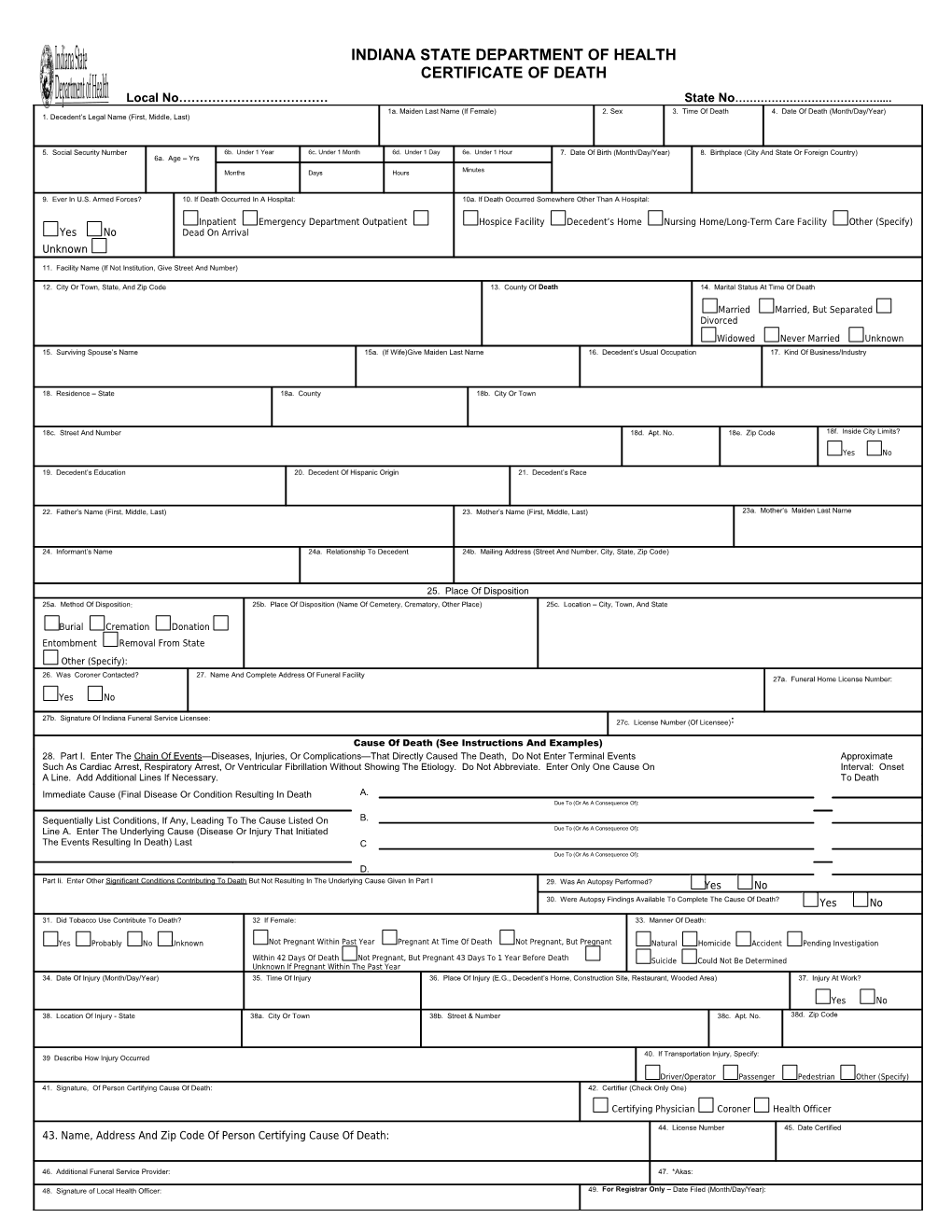 Indiana State Department of Health - Certificate of Death