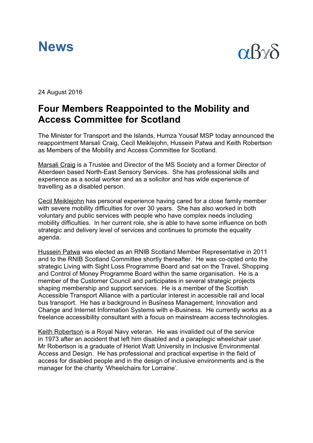 Fourmembers Reappointed to the Mobility and Access Committee for Scotland