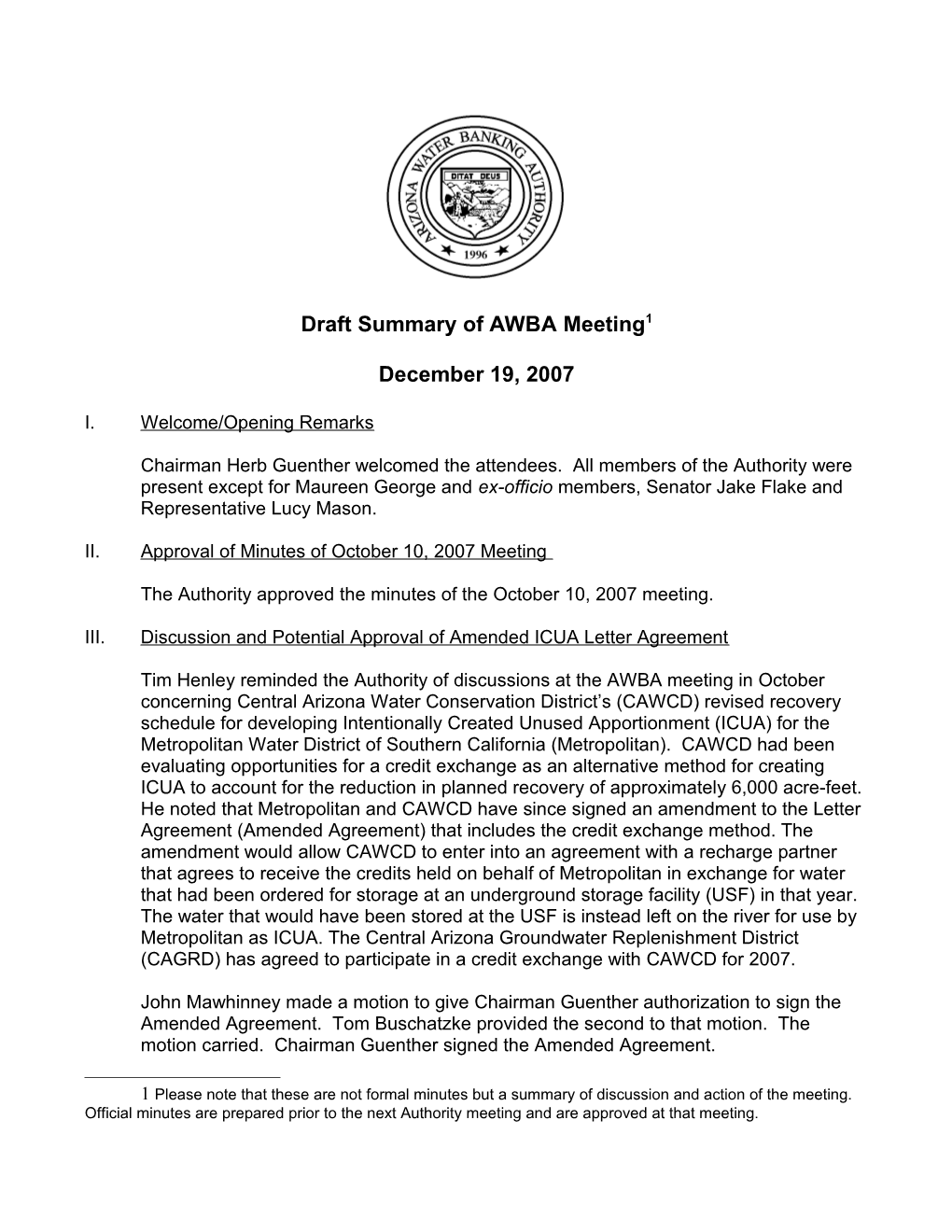 Draft Summary of AWBA Meeting 1