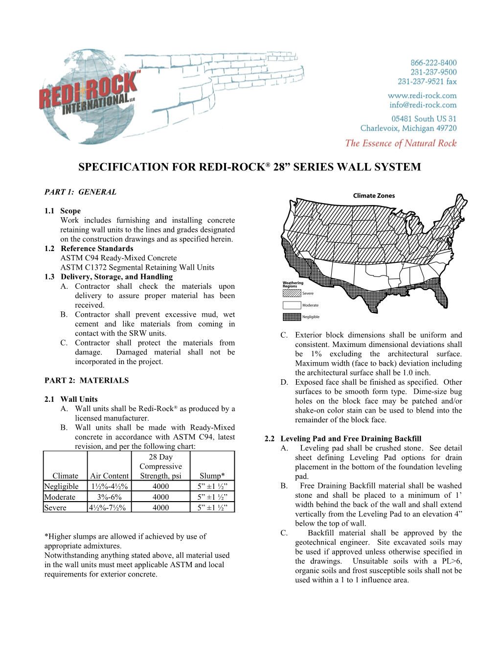 Specification for Redi-Rock 28 Series Wall System