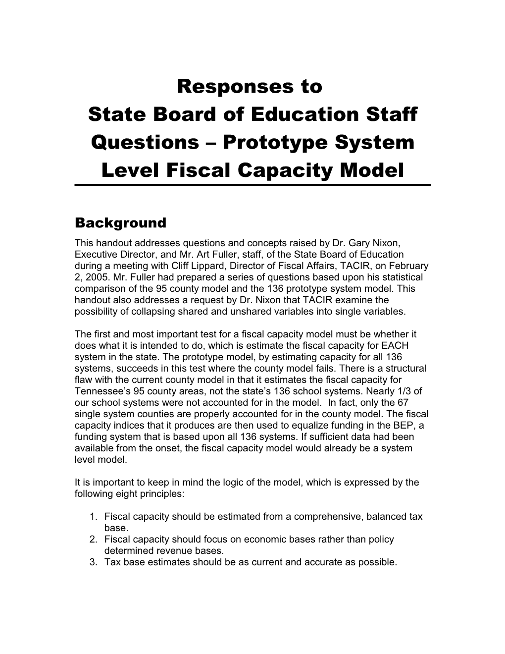Prototype System Level Fiscal Capacity Model