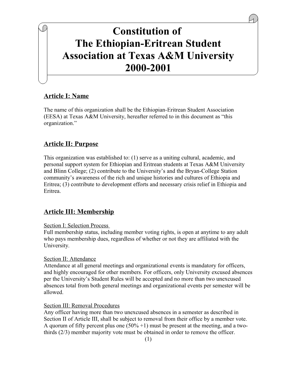 Constitution of the Ethiopian-Eritrean Student Association at Texas A&M University