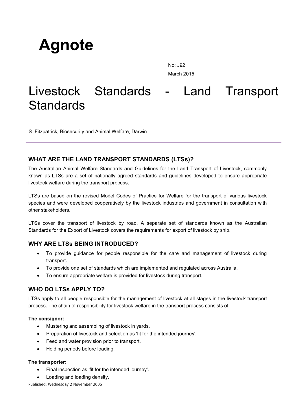Livestock Standards - Land Transport