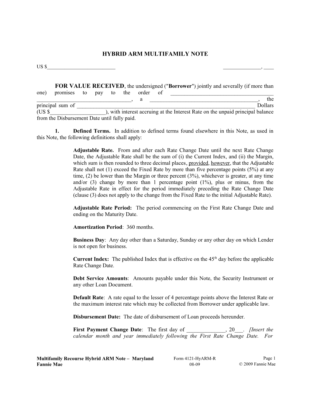 Multifamily Form 4121-Hyarm-R Maryland