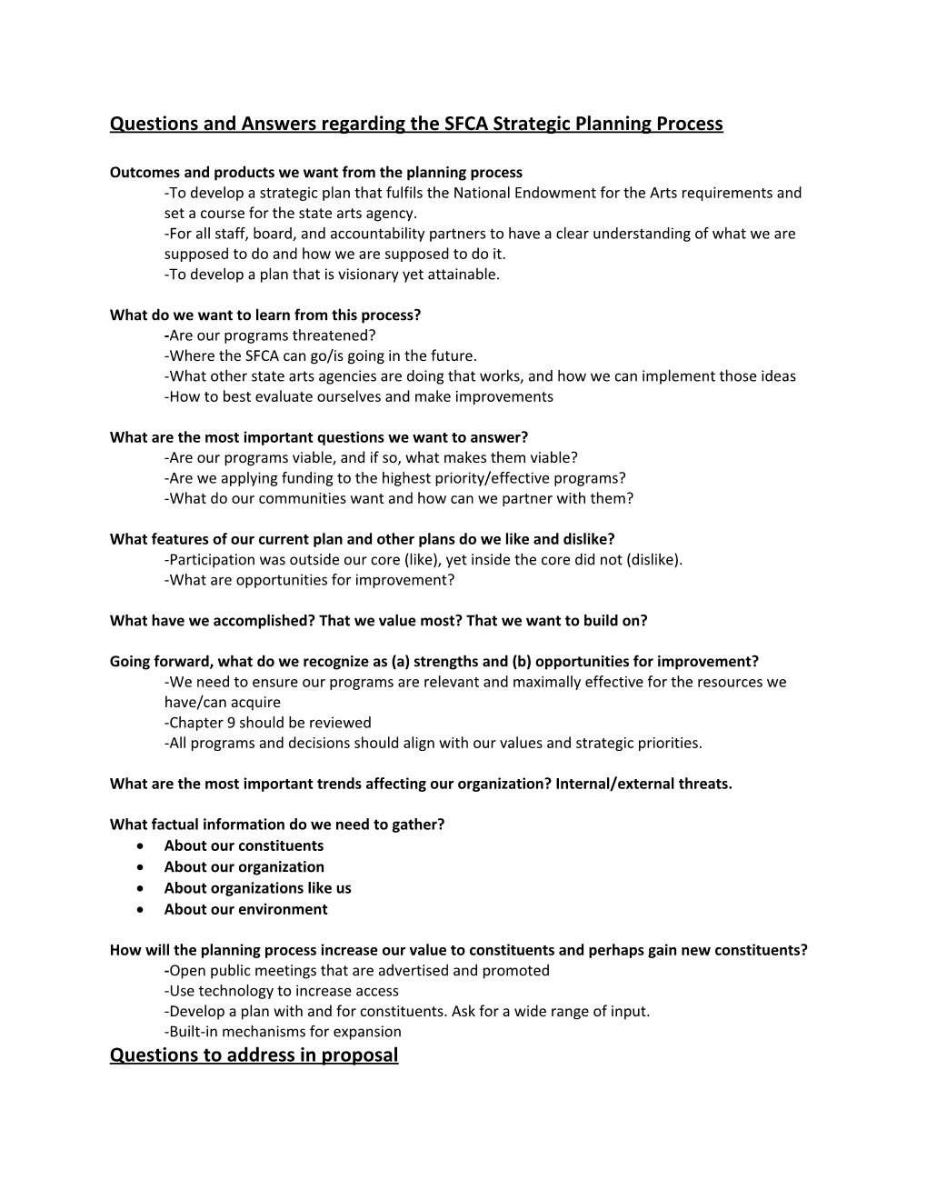 Questions and Answers Regarding the SFCA Strategic Planning Process