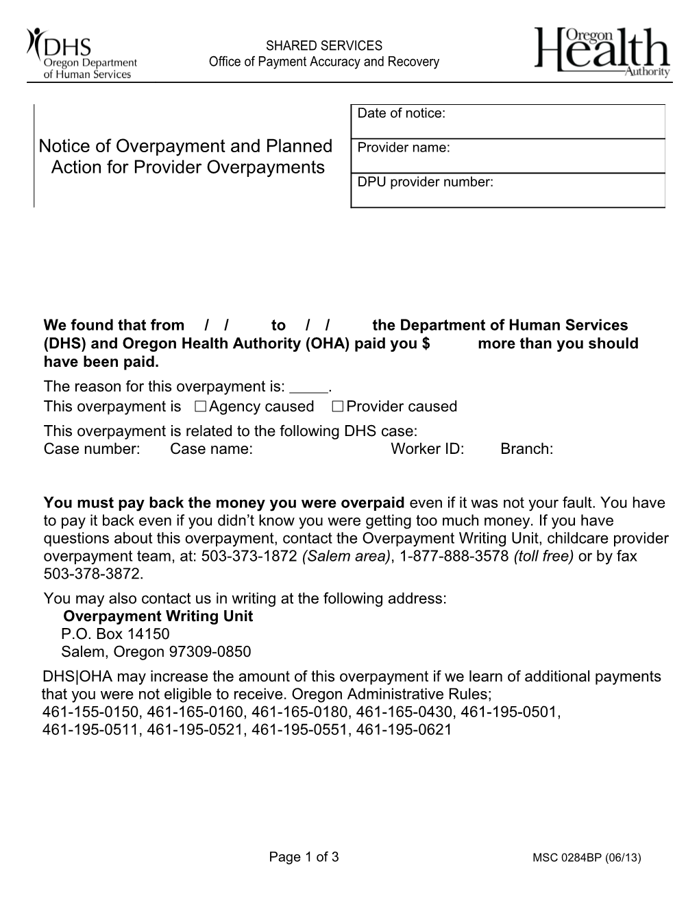 Notice of Overpayment and Planned Action for Provider Overpayments MSC 284 BP 6/13