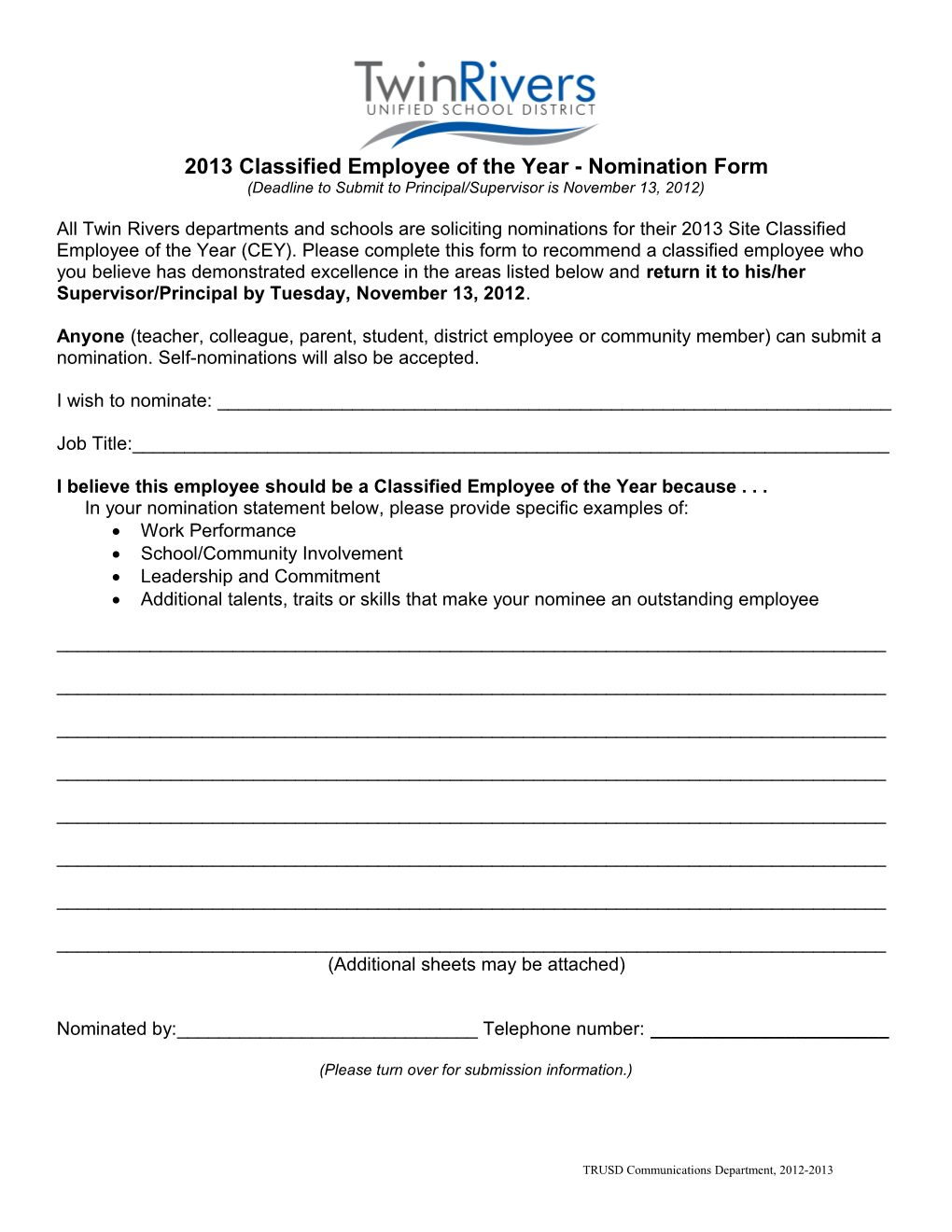 2013 Classified Employee of the Year - Nomination Form