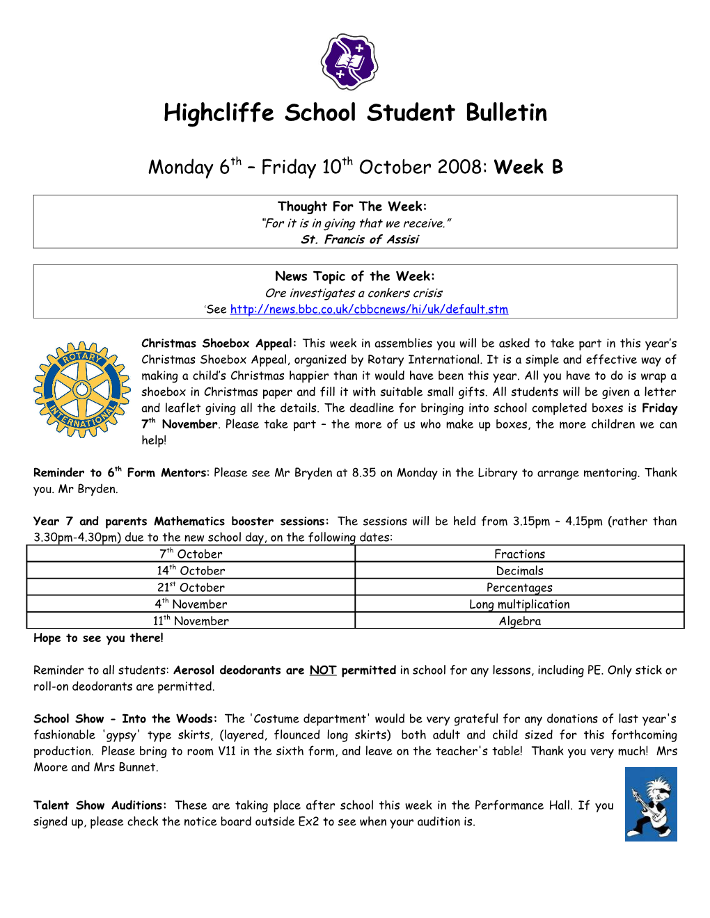 Highcliffe School Student Bulletin s2