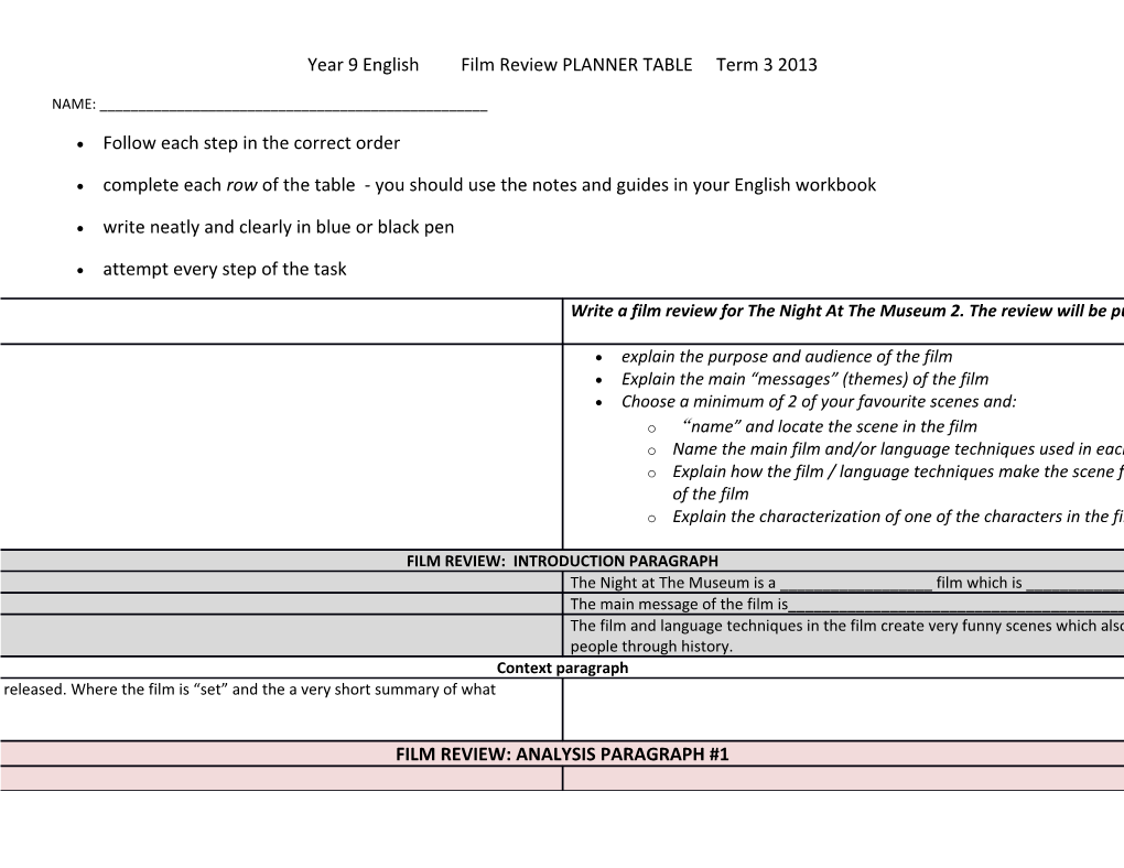Year 9 English Film Review PLANNER TABLE Term 3 2013
