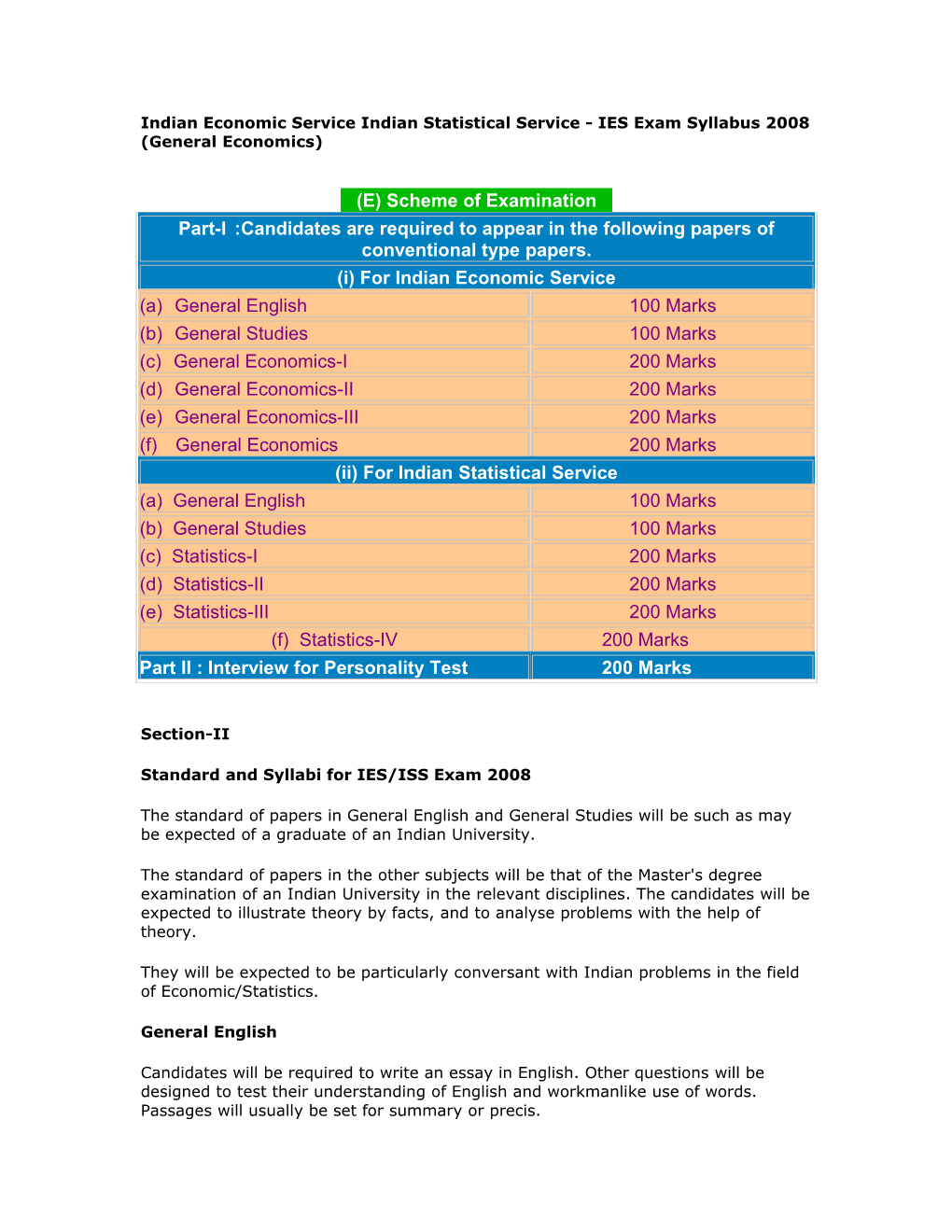 Indian Economic Service Indian Statistical Service - IES Exam Syllabus 2008 (General Economics)