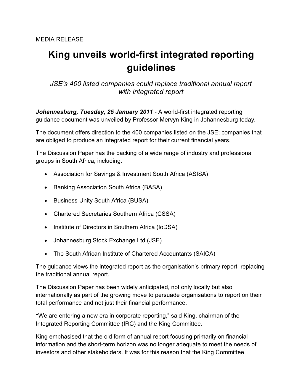 King Unveils World-First Integrated Reporting Guidelines