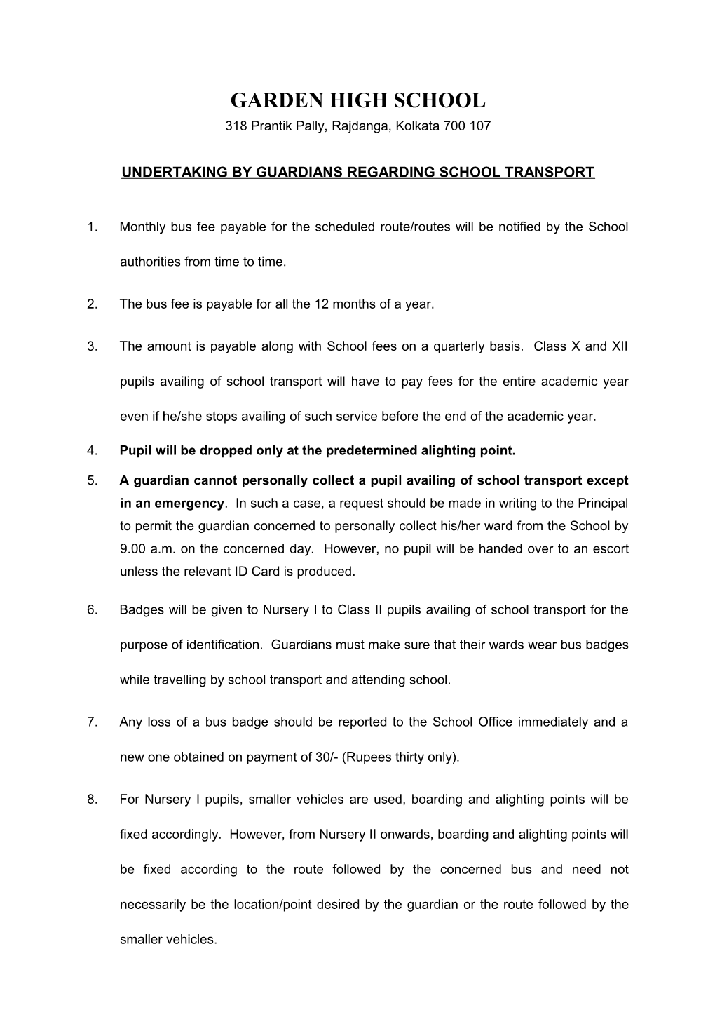 Undertaking by Guardians Regarding School Transport