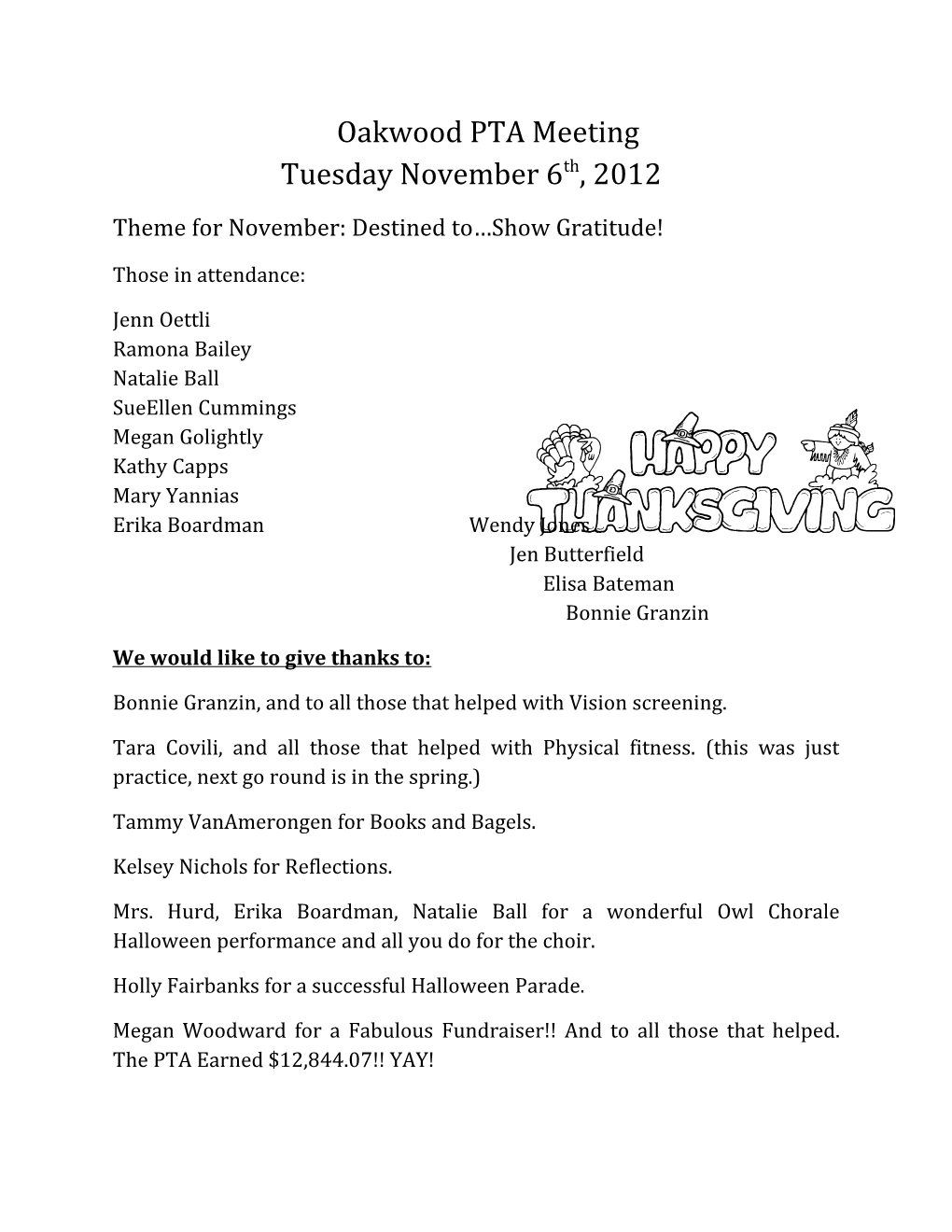 Oakwood PTA Meeting Tuesday November 6Th, 2012