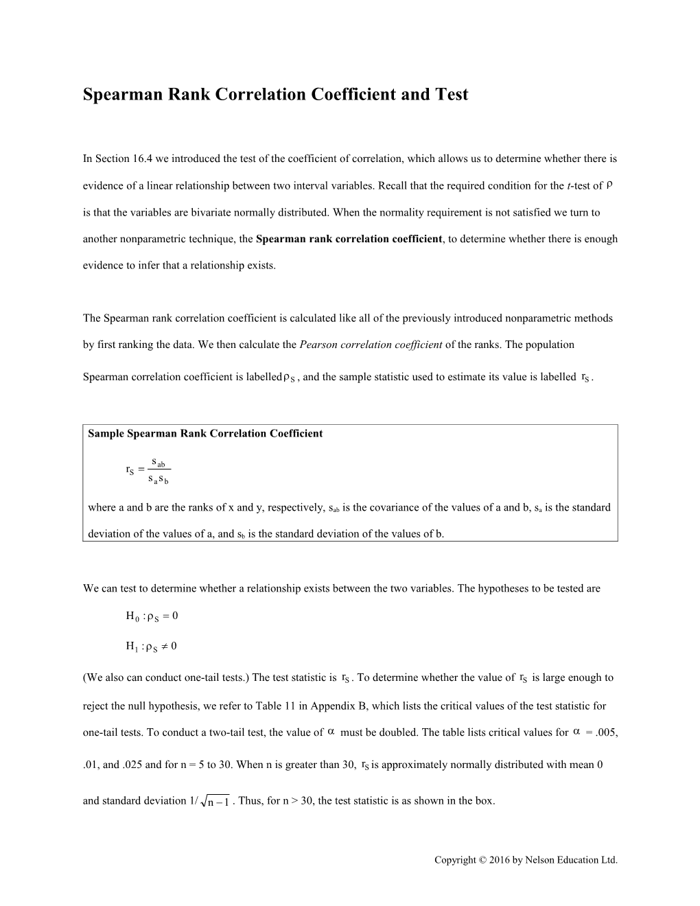 Spearman Rank Correlation Coefficient and Test