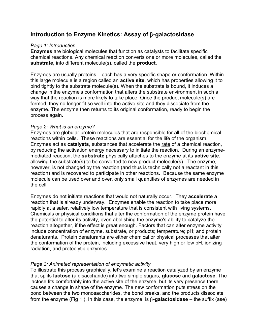 Introduction to Enzyme Kinetics: Assay of -Galactosidase