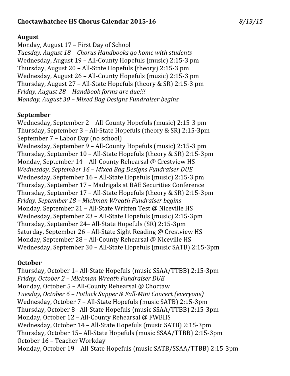 Choctawhatchee HS Chorus Calendar 2015-16 8/13/15