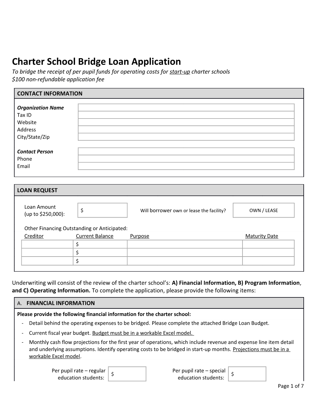 Charter School Bridge Loan Application