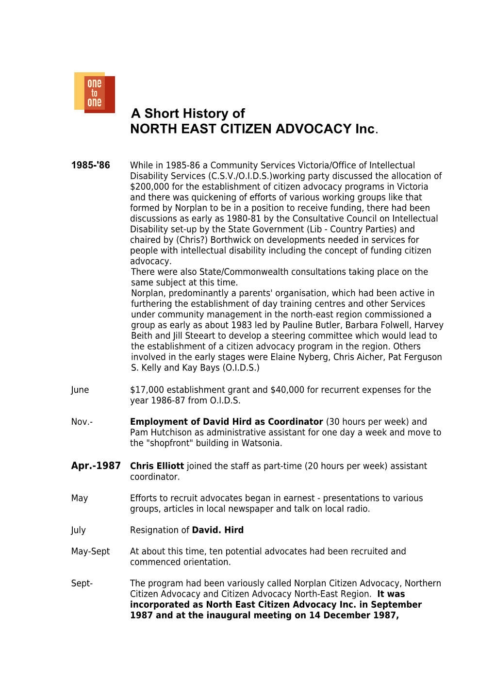 History: North East Citizen Advocacy Inc. 1987-2012