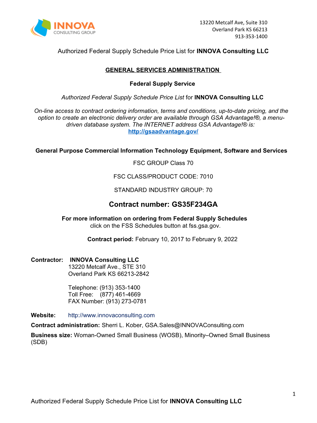 Authorized Federal Supply Schedule Price List for INNOVA Consulting LLC